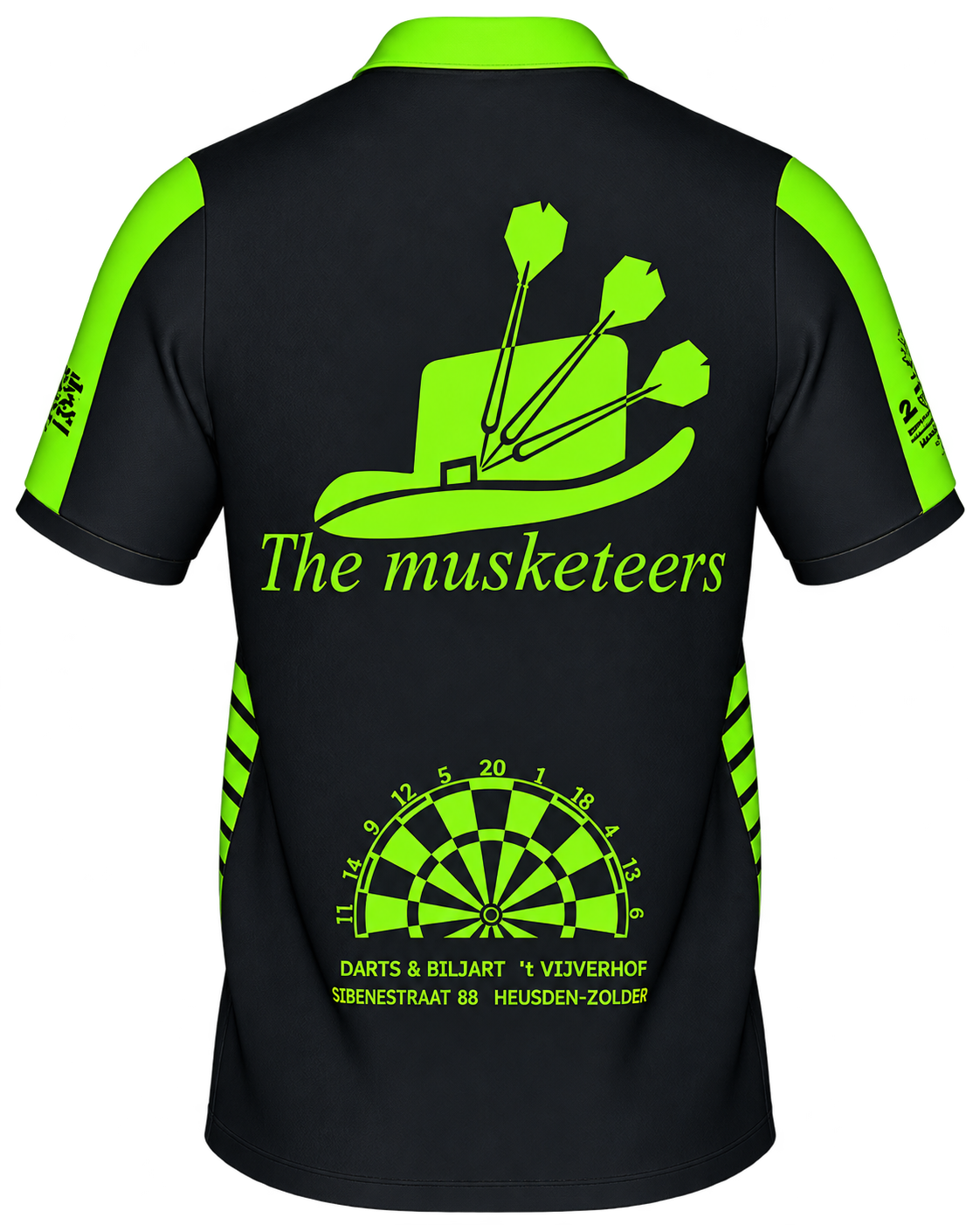 Het zwart-groene dartshirt van The Musketeers, met het clublogo op de rug